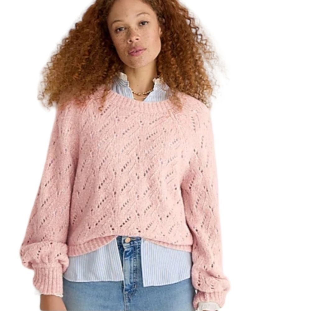 J. CREW Pointelle Crewneck Wool Blend Sweater XL Coral Balloon Sleeve Cozy Knit